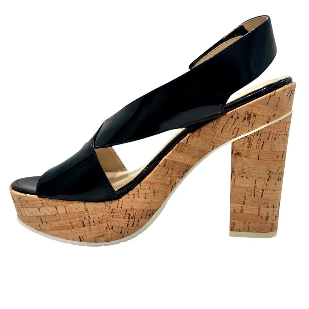 CALVIN KLEIN TAMRA BLACK PATENT & CORK PLATFORM HEELED SANDALS